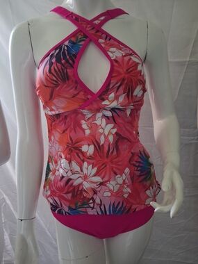 Pink Floral Crisscross Tankini Swim Top with Matching Bottoms